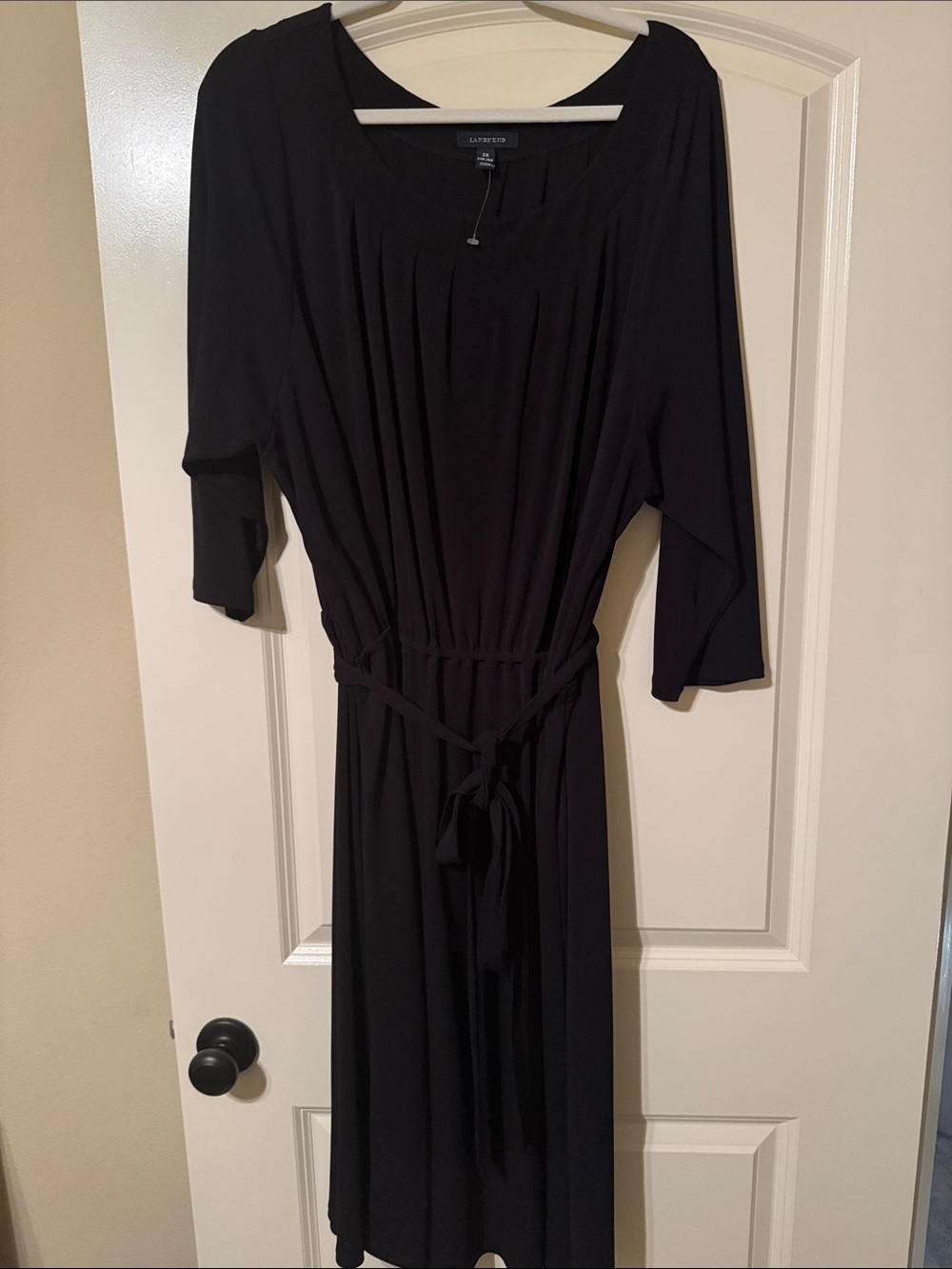 Lands End Black Midi Pleated Waist-Tie Dress
